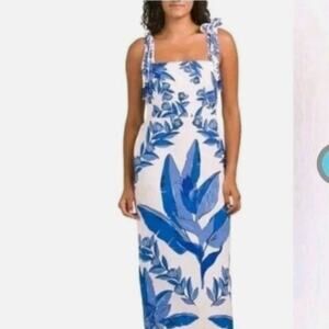 CALYPSO ST. BARTH Linen Blend Beaded Strap Placed Print Midi Dress Sz XS